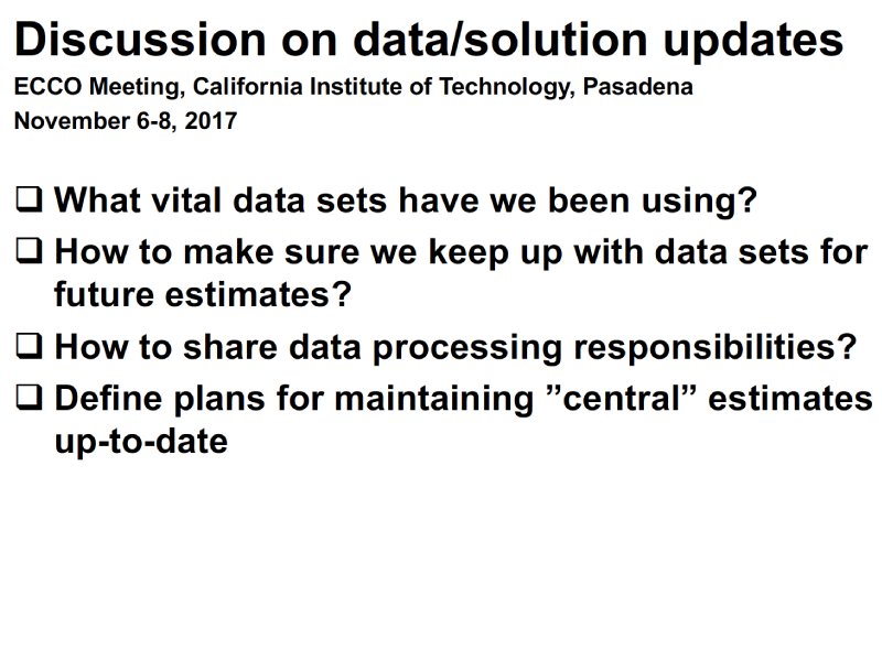 Presentation title page: Discussion on Data/Solution Updates