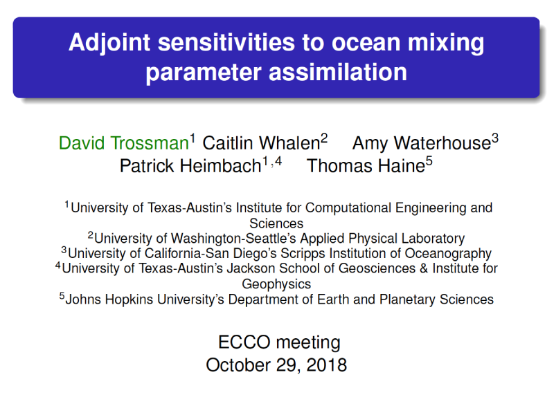 Presentation title page: Adjoint Sensitivities to Ocean Mixing Parameter Assimilation