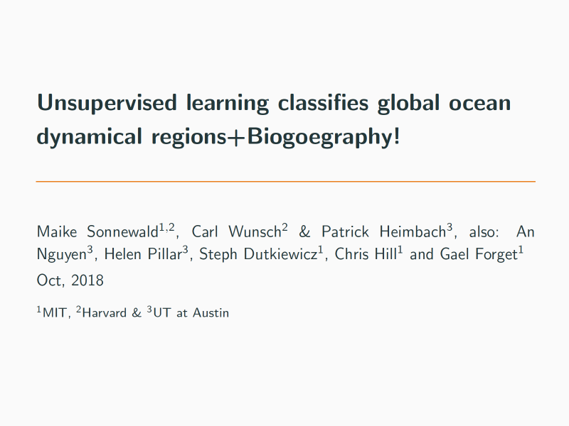 Presentation title page: Unsupervised Learning Classifies Global Ocean Dynamical Regions + Biogeography!