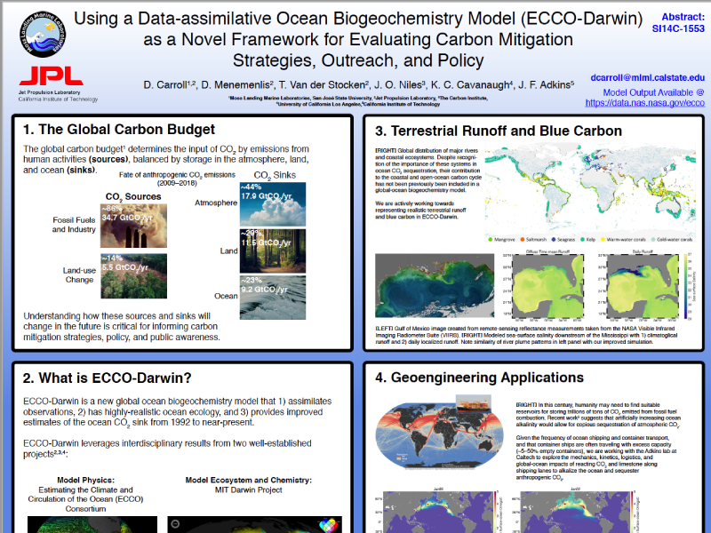 Presentation title page: Using a Data-assimilative Ocean Biogeochemistry Model (ECCO-Darwin) as a Novel Framework for Evaluating Carbon Mitigation Strategies, Outreach, and Policy