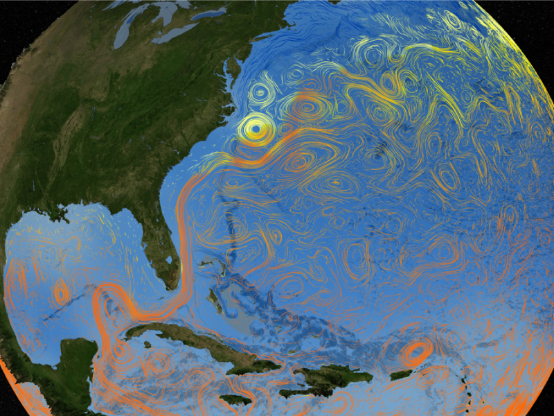 Surface flows colored by sea surface temperature