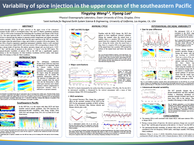 Presentation title page: Climatic Variability of Spice Injection in the Upper Ocean of the Southeastern Pacific During 1992-2016